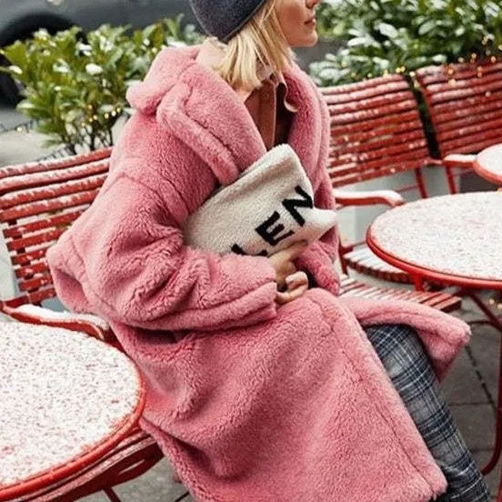 VOLALO Home Autumn/Winter Mid length Teddy Bear Coat Pink Grain Sheep Camel Fleece Silhouette Wool Coat