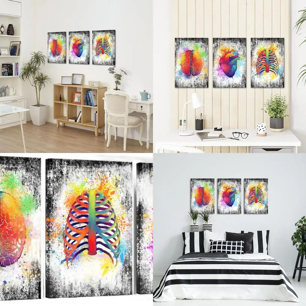 

Human Anatomy Art Set: Brain, Rib Cage, and Heart for Medical and Educational Spaces, Framed (16x24inches, 3 Pieces)