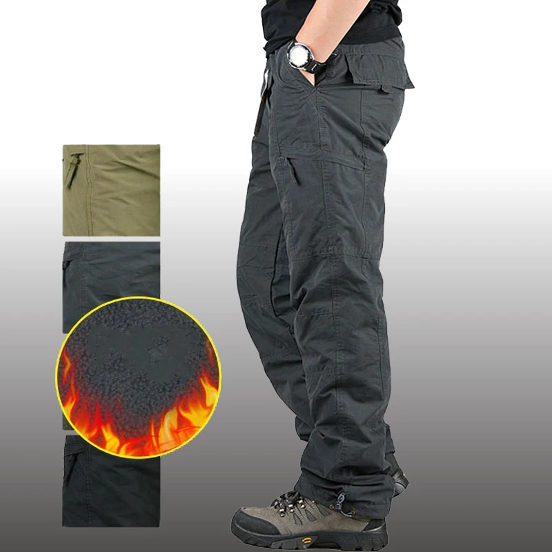 Men\'s Winter Thick Warm Military Cargo Pants Double Layer Fleece Overalls Casual Cotton Rip-Stop Tactical Baggy Thermal Trousers