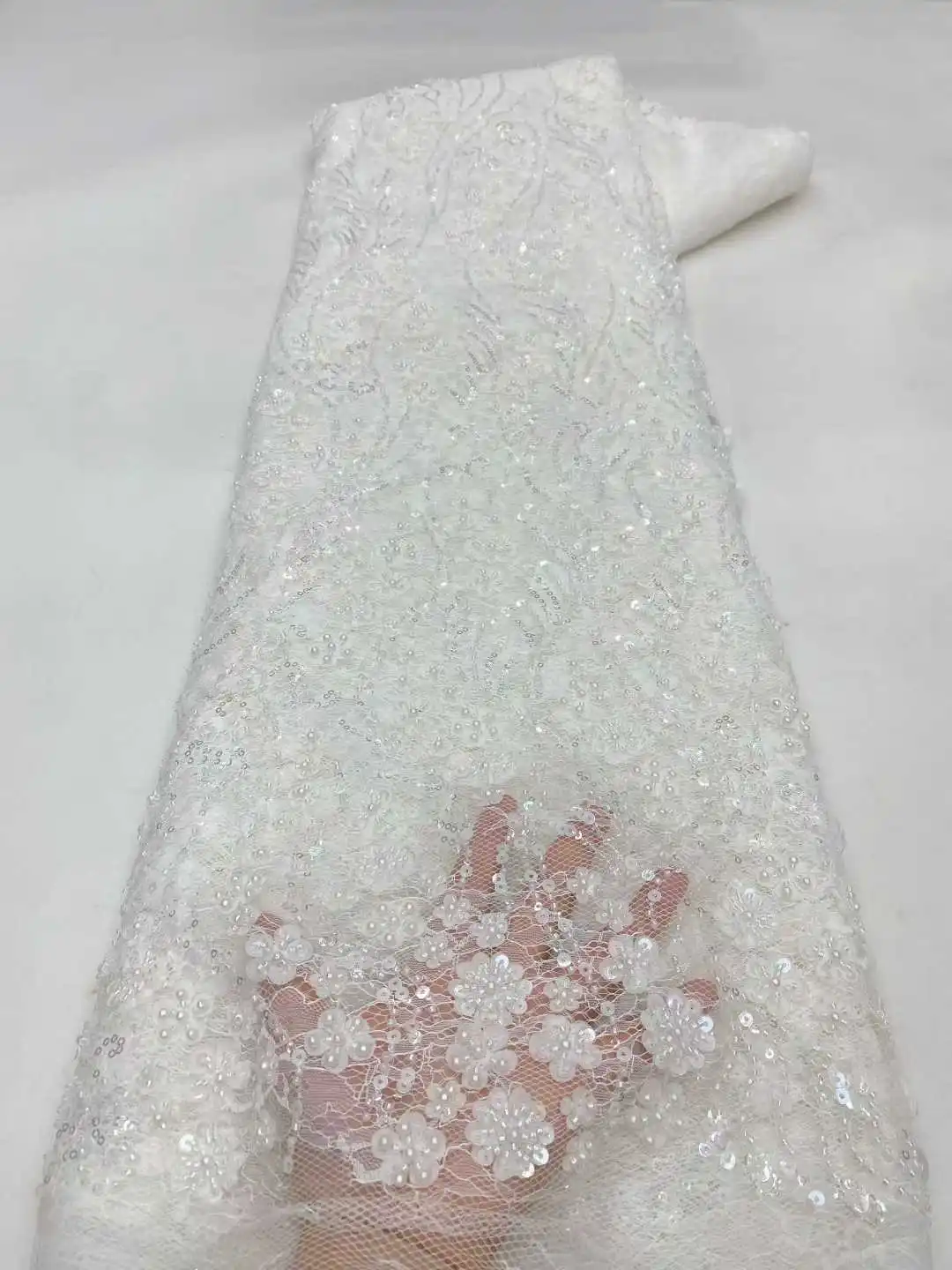

High Quality African Sequins Lace Fabric 2025 Handmade Beaded Embroidery Bridal Material for Wedding Dresses And Special Occasio