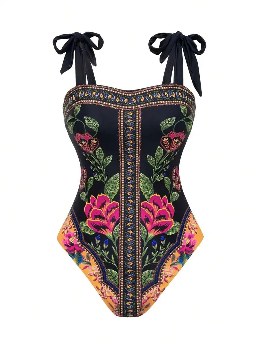 

Womens Floral Print Shoulder Tie One-Piece Swimsuit For Beach Vacation