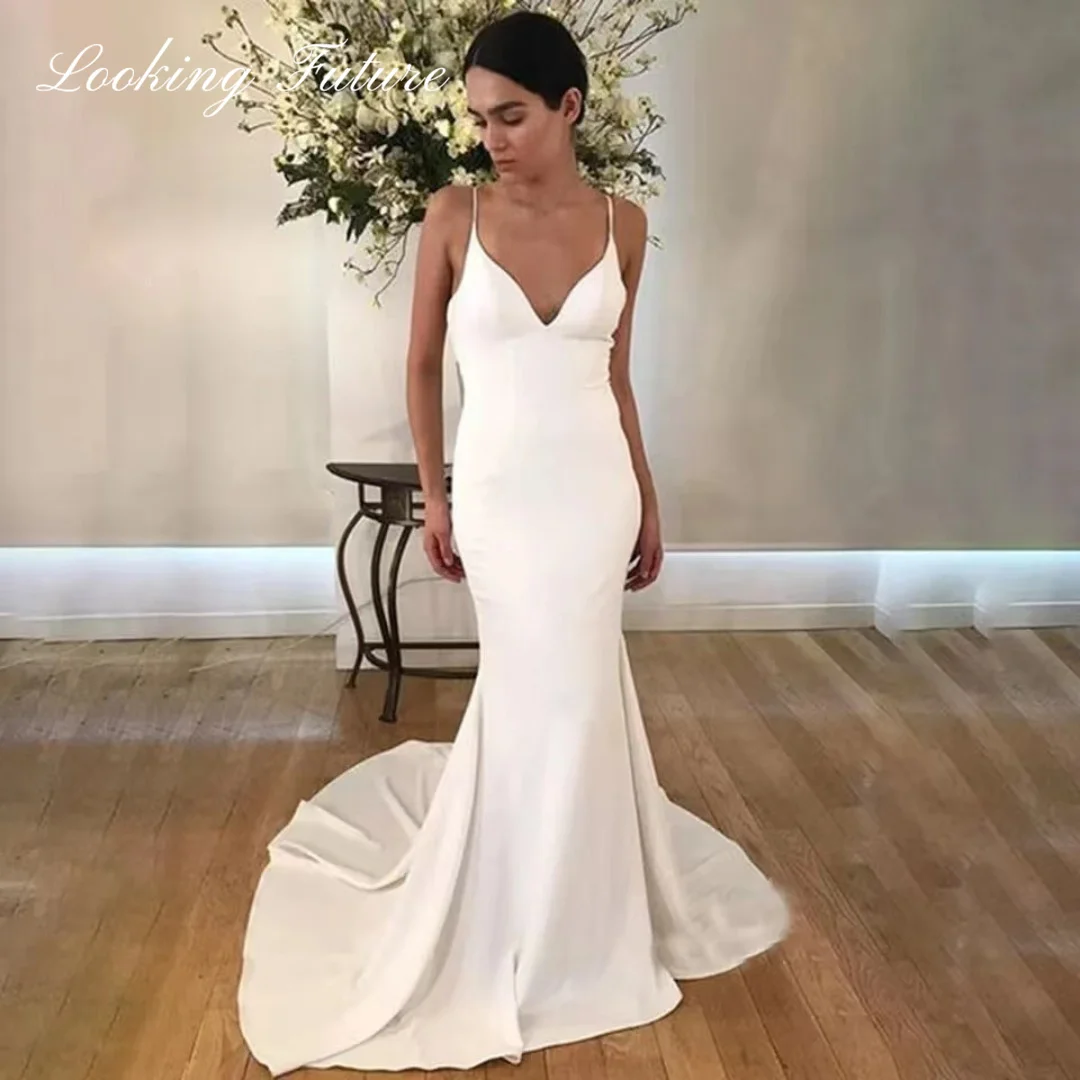 Simple Crepe Satin Wedding Dresses For Woman 2024 V Neck Sleeveless Spaghetti Straps Female Dress Button Sexy Open Back Gown