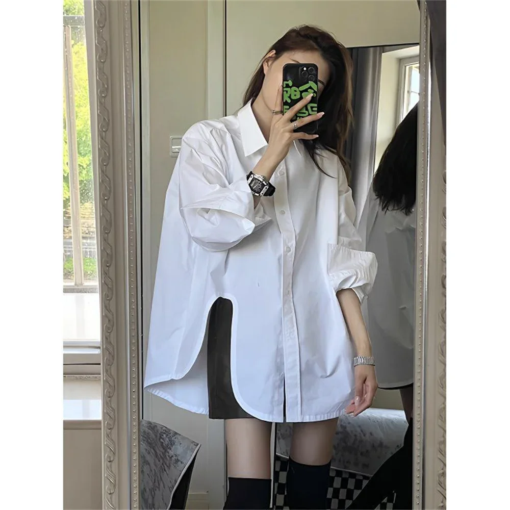 

Женская повседневная свободная блузка с длинным рукавом, белая, на пуговицах, оверсайз, асимметричная, базовая, весна-лето 2026