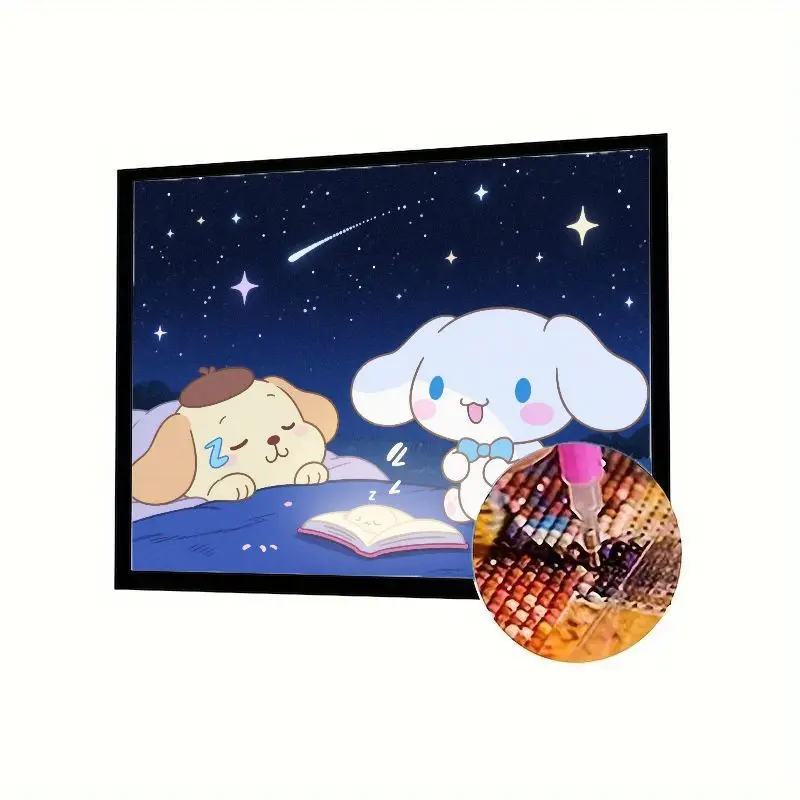 

1PC Full Drill 5D Diamond Painting Kit - Cute Sanrio Cinnamoroll & Pompompurin Starry Night Bedtime Story Scene DIY Diamond Art