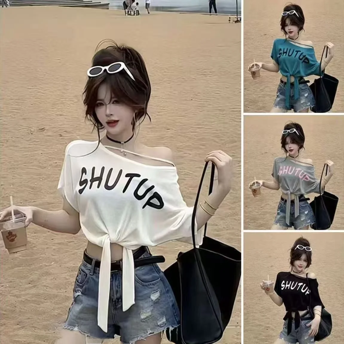 Fashionable Combed Cotton Short Sleeve T-Shirt with Letter Print And Side Shoulder Design for Women Moisture Wicking Short Le...
