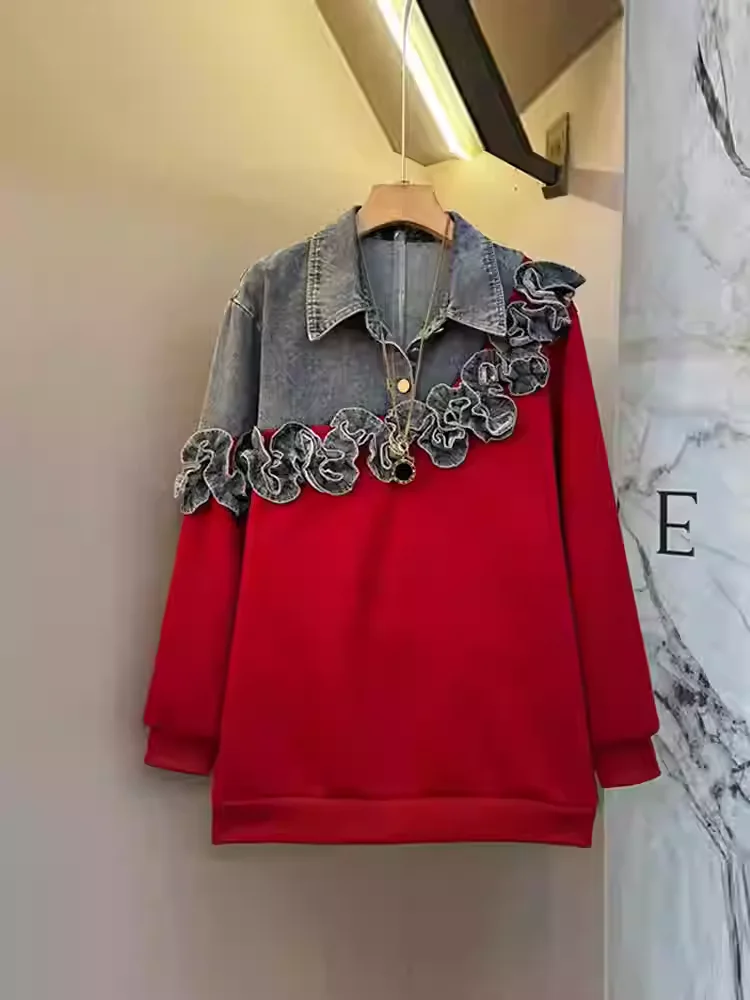 Sweat-shirt à manches longues en denim pour fille grande taille 2026, col rabattu, style industriel lourd, mode coréenne, ample, décontracté, personnalité, haut