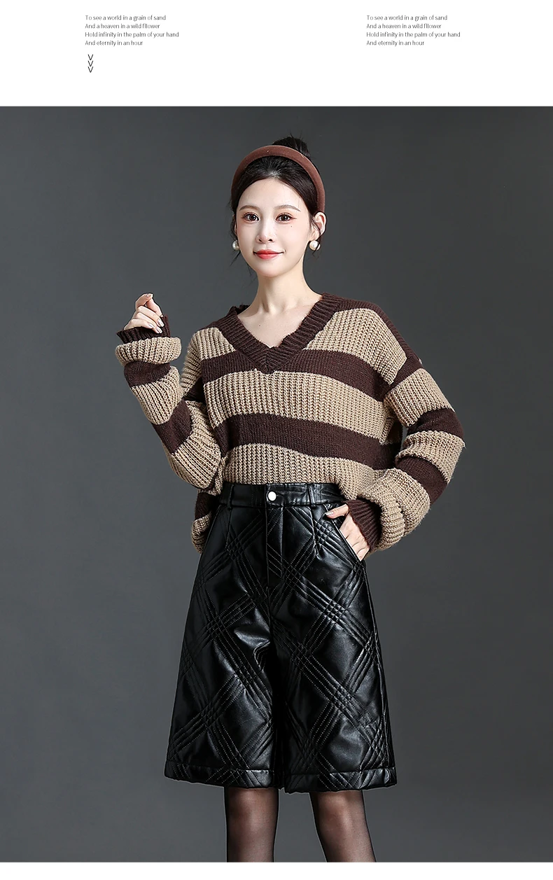 ZUZK Black PU Leather Thick Bermuda Shorts For Women Winter Warm Long Shorts Motorcycle Punk High Waist Bermuda Femme