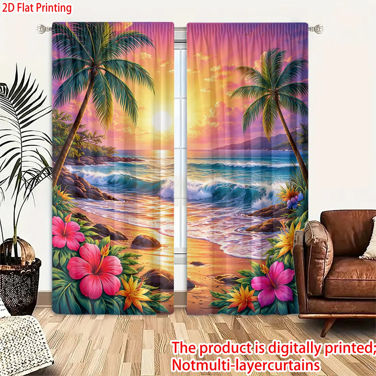 Tropical Beach Sunset Curtain Panels Waterproof Decoration for Window Coastal Paradise Style Home Living Room Ocean View Curtain