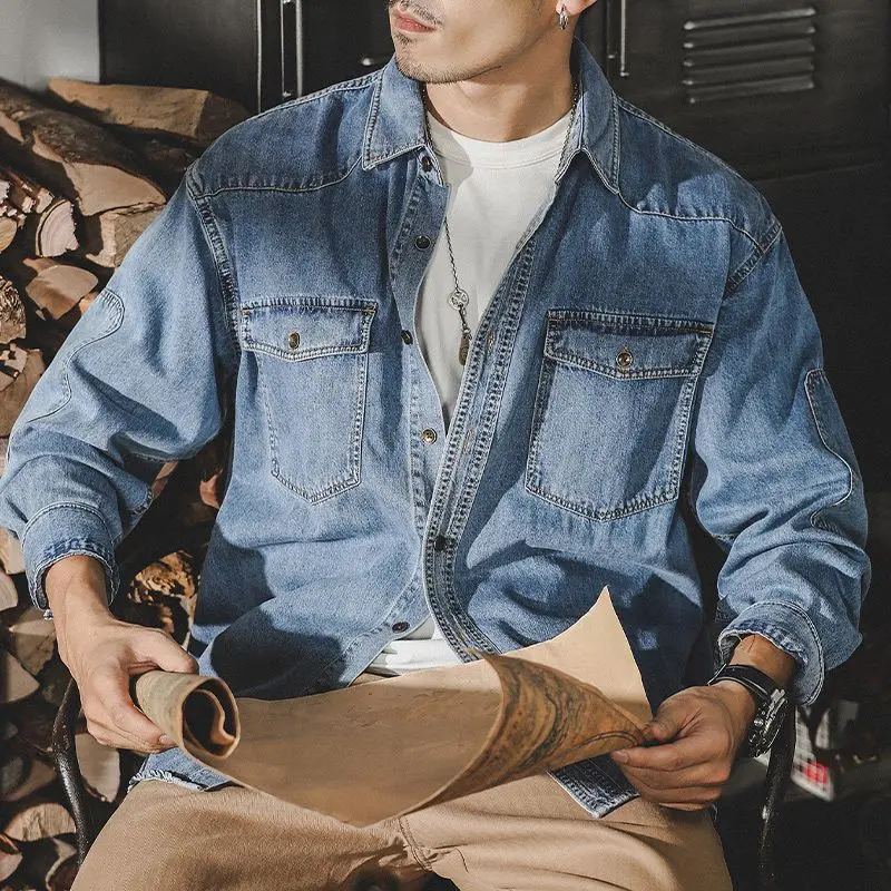 

Американская ретро-рабочая одежда: мужская джинсовая куртка с длинным рукавом, весна-осень, приталенный крой, модная верхняя одежда с декоративными пуговицами.