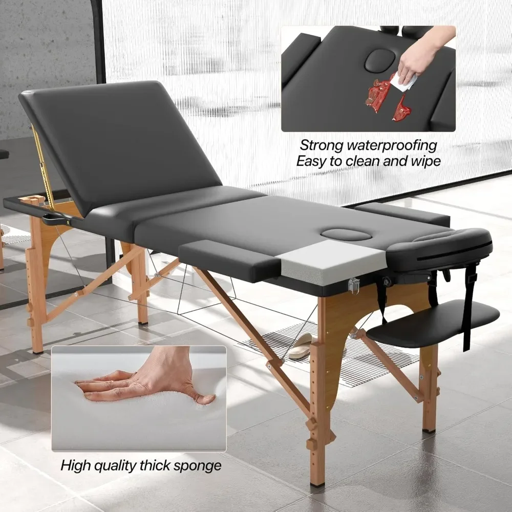 Massage Table Massage Bed, Portable 3 Section Foldable Tattoo Bed, Height Adjustable Lash Spa Bed with Face Cradle