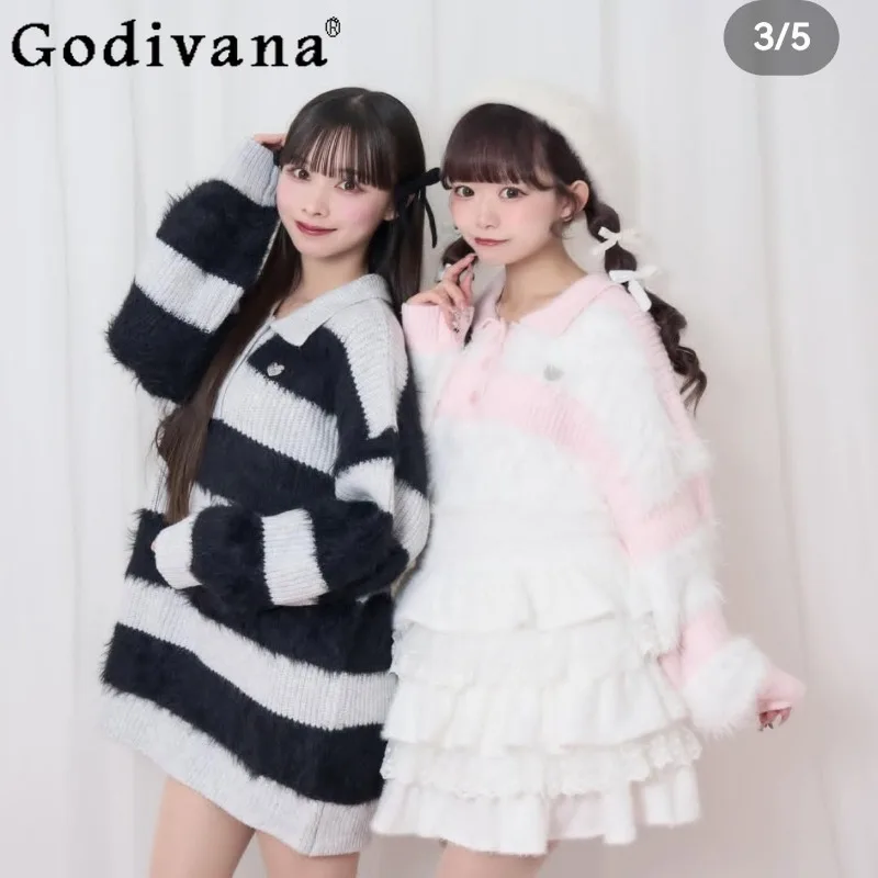 

Lapel Striped Soft Plush Sweater for Women Japanese Style Sweet Knitted Pullovers Female Long Sleeve Loose Lolita Jumpers