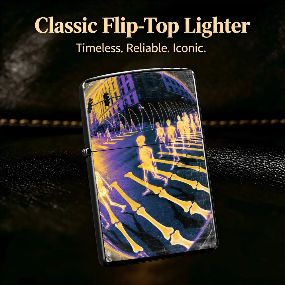 Pocket Lighter, Flip-Top Windproof Design, Skeleton Street Print Metal Case, Comfortable Grip, Refillable, Retro Urban Style