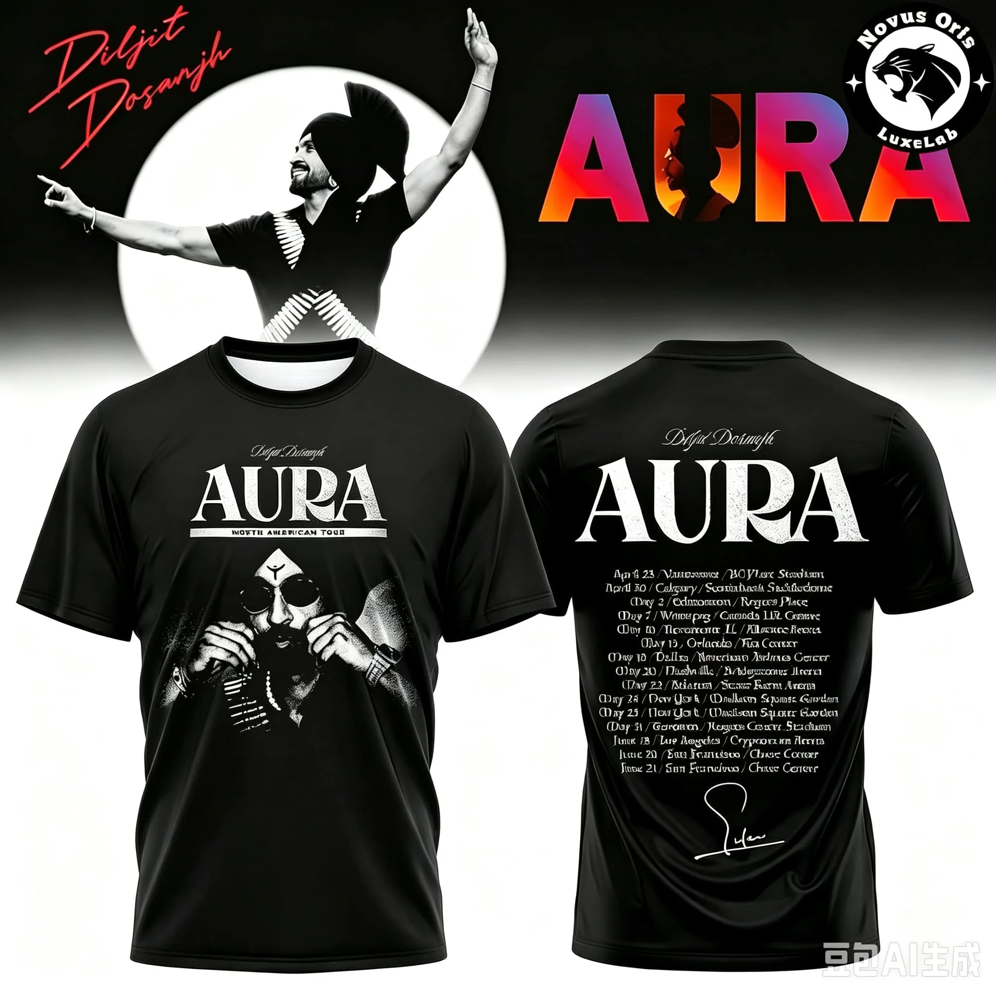 2026-27 Men Diljit Dosanjh AURA Tour T Shirt Black Artist Short Sleeve Punjabi Music Concert Fan Casual Tee Tops Family Matching