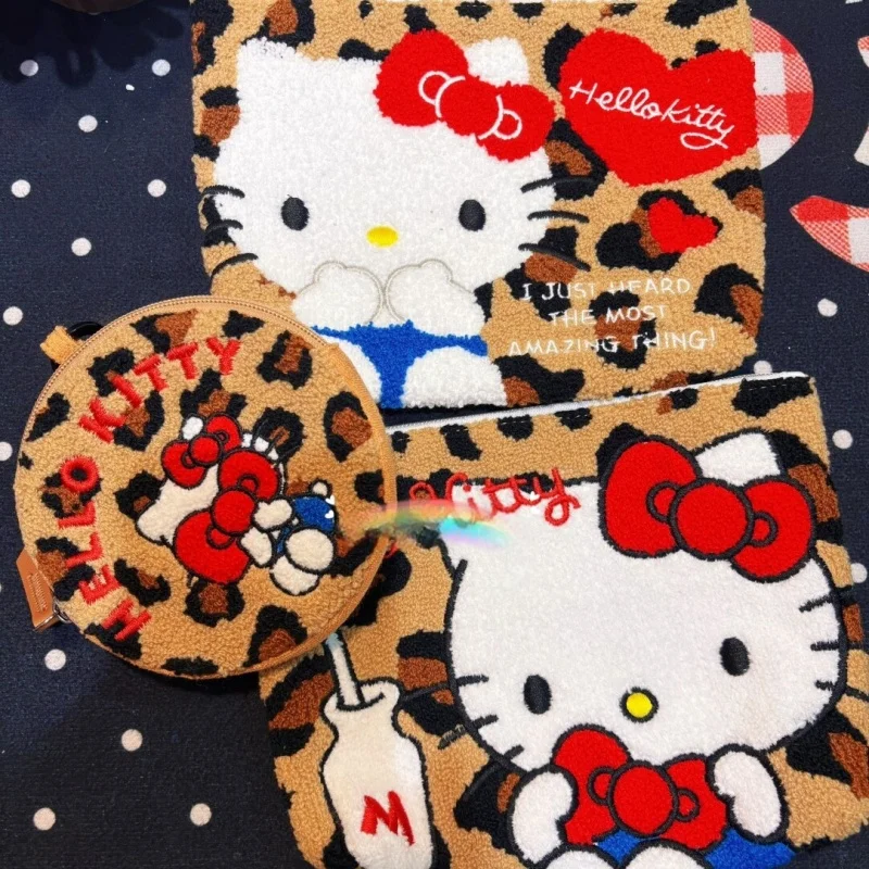新しいハローキティヒョウ柄丸型ぬいぐるみ収納バッグ黒革キティ猫コイン財布化粧品旅行収納大容量バッグギフト