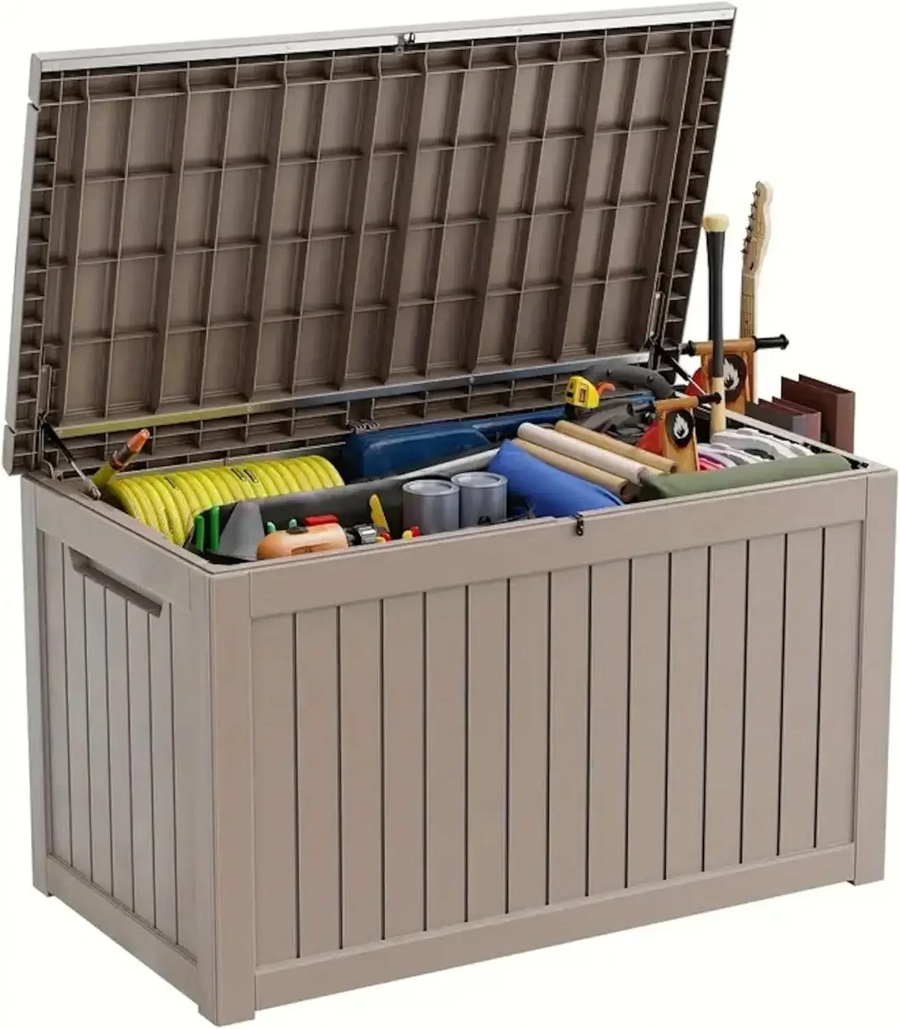 230 Gallon Waterproof Outdoor Storage Box, UV Resistant Resin Deck Box with Hydraulic Rod for Reinforced Stability, Perfect for