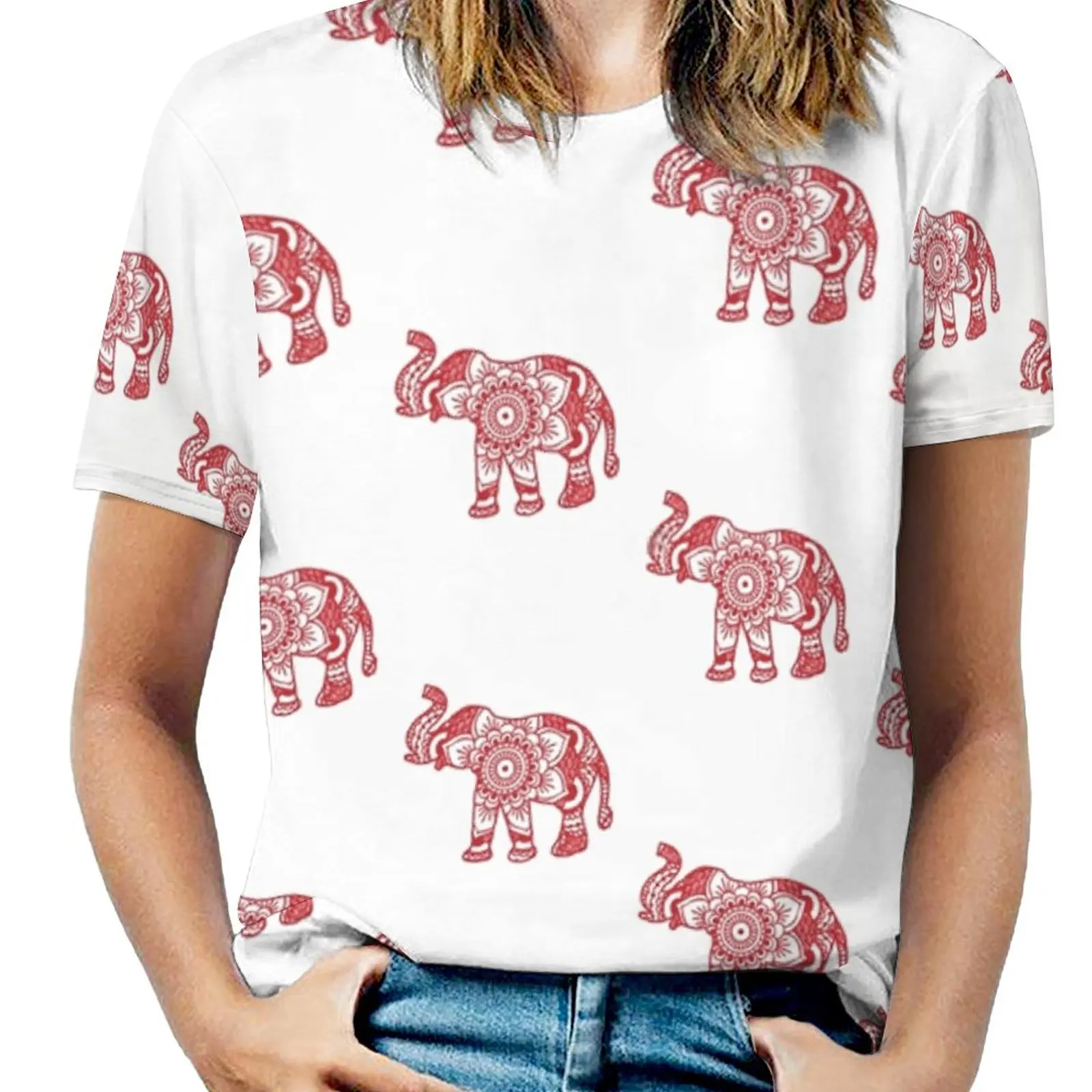 Mandala Elephant Red Woman'S T-Shirt Spring And Summer Printed T Shirts Crew Neck Pullover Top Mandala Elephant Indian Summer