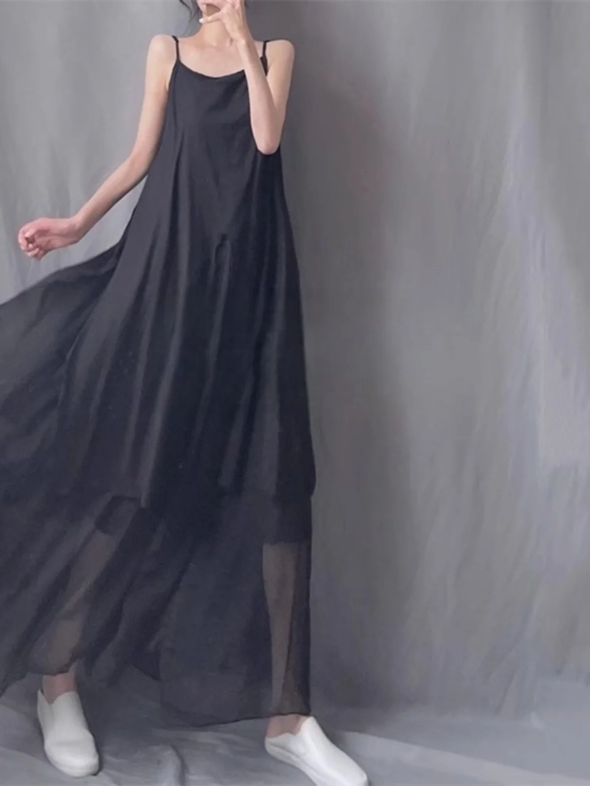 Vestido Longo de Verão F com Alças Ultra Longas em Tule de Três Camadas, Saia Solta em A, Estilo Vintage com Barra Ass...