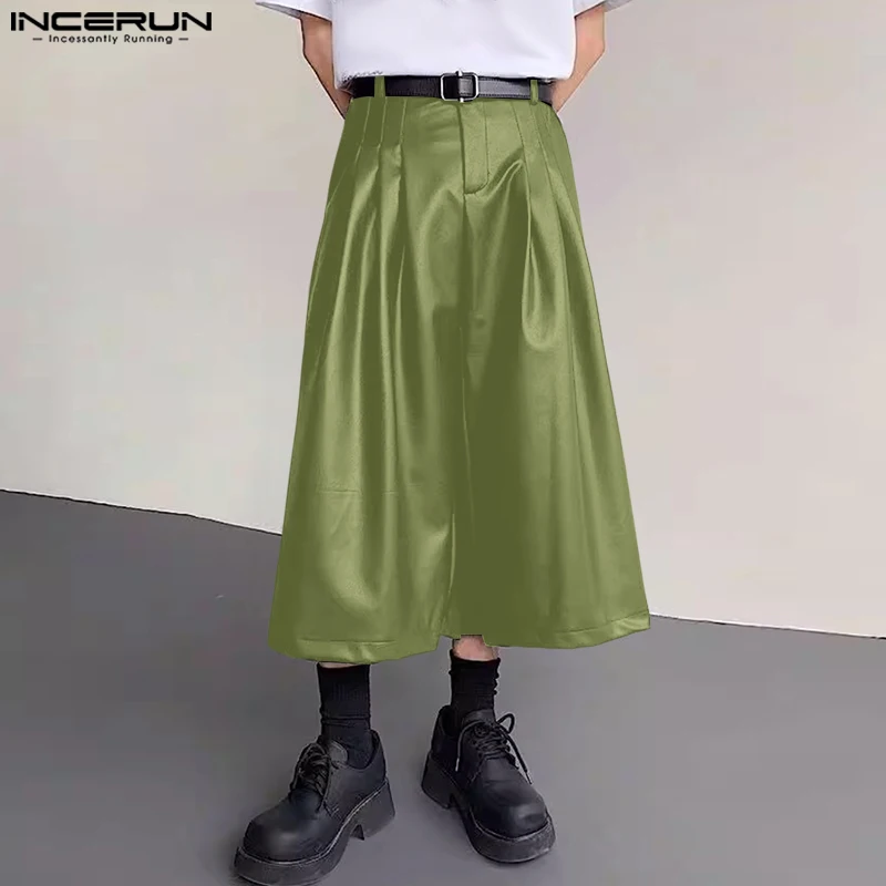 

INCERUN Men Wide Leg Pants Solid Button Joggers Pleated Trousers Men Streetwear PU Leather Fashion Casual Calf-length Pants 2025