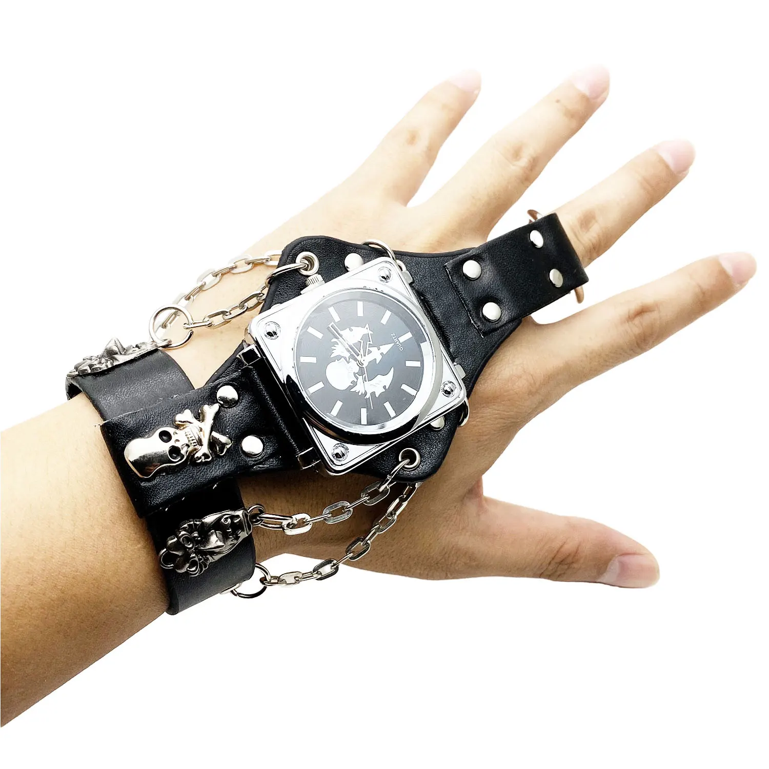 GOGARAMA Vintage Brand Black Leather Metal Chain Skull Punk Style Quartz Watch for Men's Casual Sports Party Watches