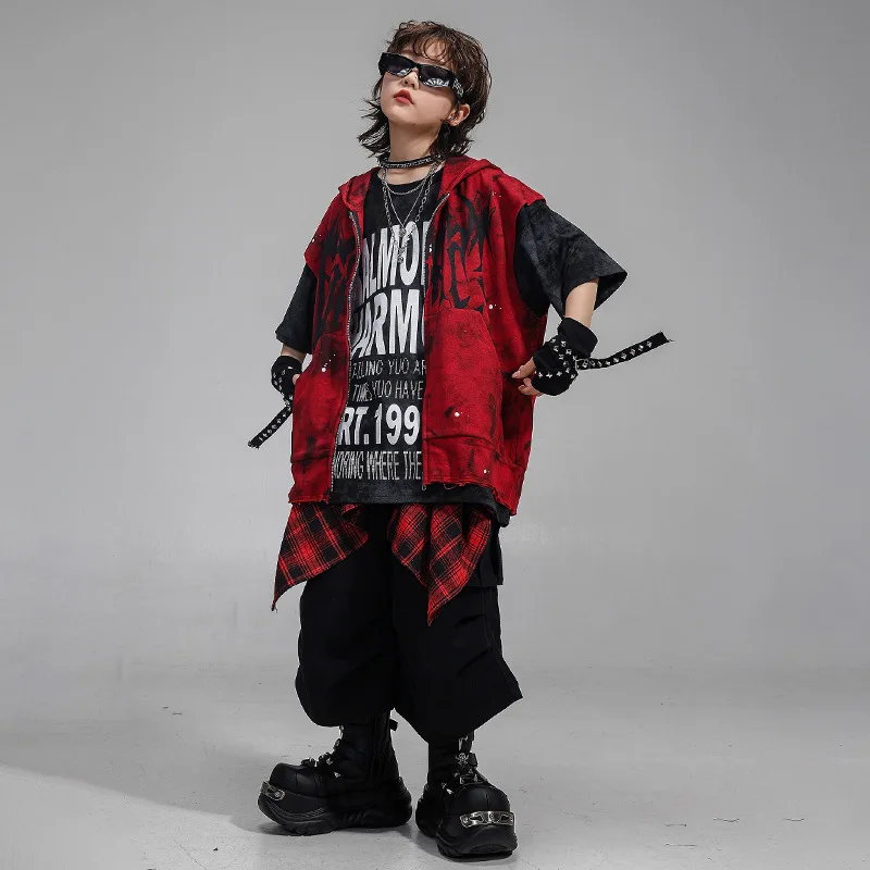 Neue Jungen Hip Hop Dance Kostüm Rot Mit Kapuze Weste Schwarz Shorts Gruppe Streetwear Fashion Jazz Bühne Leistung Rave Kleidung Sets