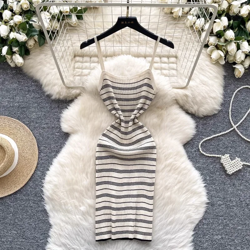 2023 Chic Koreanische Sommer Kleider für Frauen Vintage Gestreiften Spaghetti Strap Femme Bodycon Stricken Pullover Kleid Vestidos De Mujer