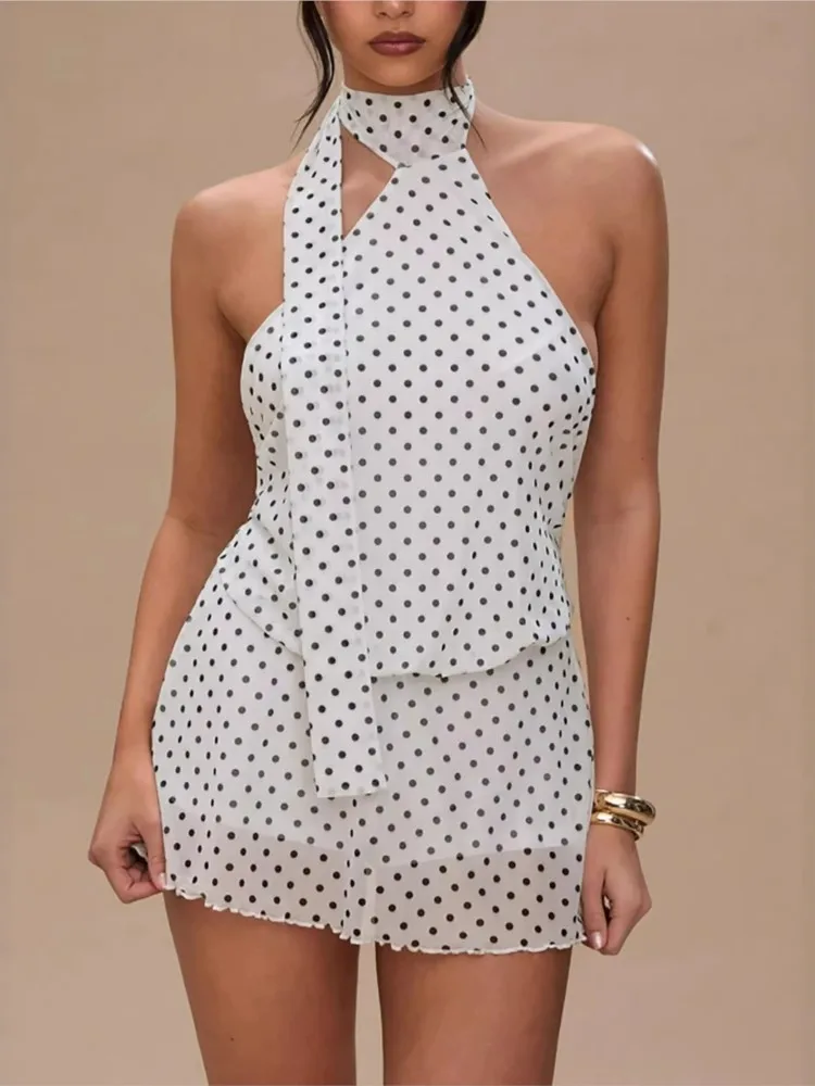 

Dresses 2026 Woman Contrast Slim Mesh Mini Dress Backless Halter Neck Polka-dot Off-shoulder Vestidos Simple Style All-match