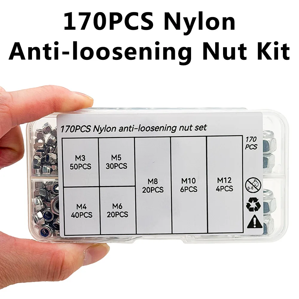 170pcs 200pcs Hex Nylon Insert Self-Locking Nuts Assortment Kit M3-M12 Sizes 7 Values Nylon Locknuts for mprovement And DIY