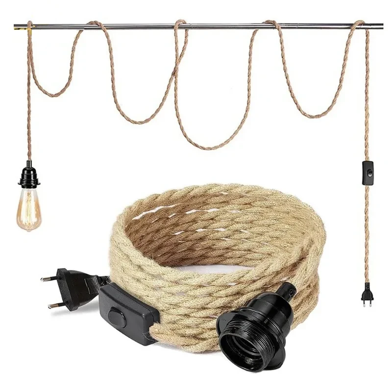 

220V AC Euro Plug Power Cord Vintage Hemp Jute Rope Braided Covered With On/off Switch 2.5Meters Long For Wall Lamp Cords Cable