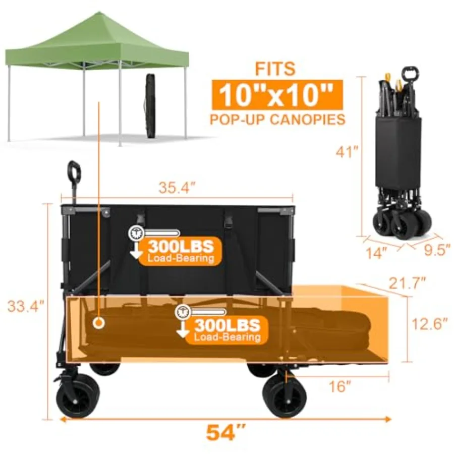 Heavy Duty Collapsible Double Decker Wagon for Beach, Outdoor, Camping Gardening Durable Steel Frame, Black, 600LBS/400L Capaci