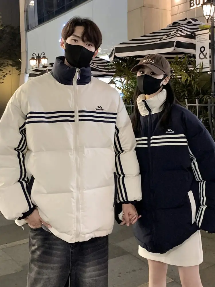 

Color Blo Thiened Cotton Jaet for Men Winter New Sle Bread Sle Loose Couple Outerwear Youth Casual Stand Collar