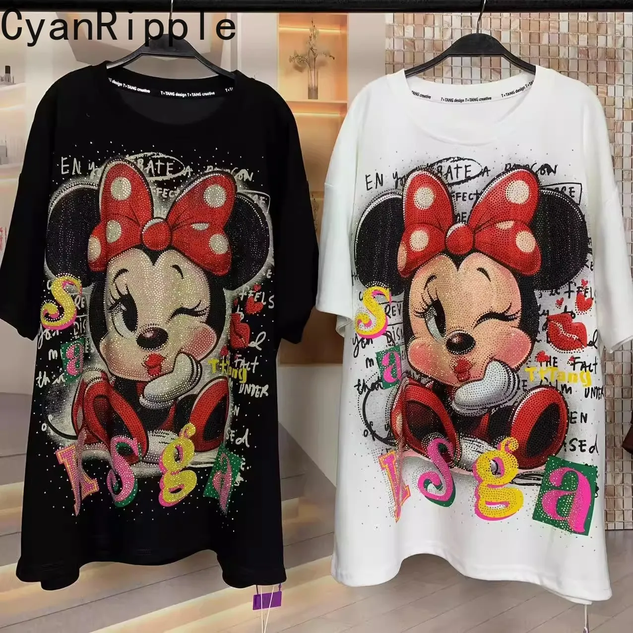 

Large Size New Spring Summer Loose Women T-shirt Cute Minnie Hot Drilling Round Neck Pullover Top Mid-long Casual Cotton Tees