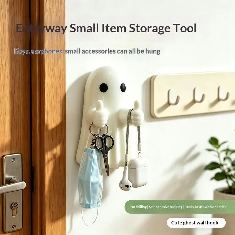 (Cute Ghost Wall Hook No Drill Self‑adhesive Hook Halloween Cartoon Wall Decor Waterproof Adhesive Hanger For Bathroom Kitchen)