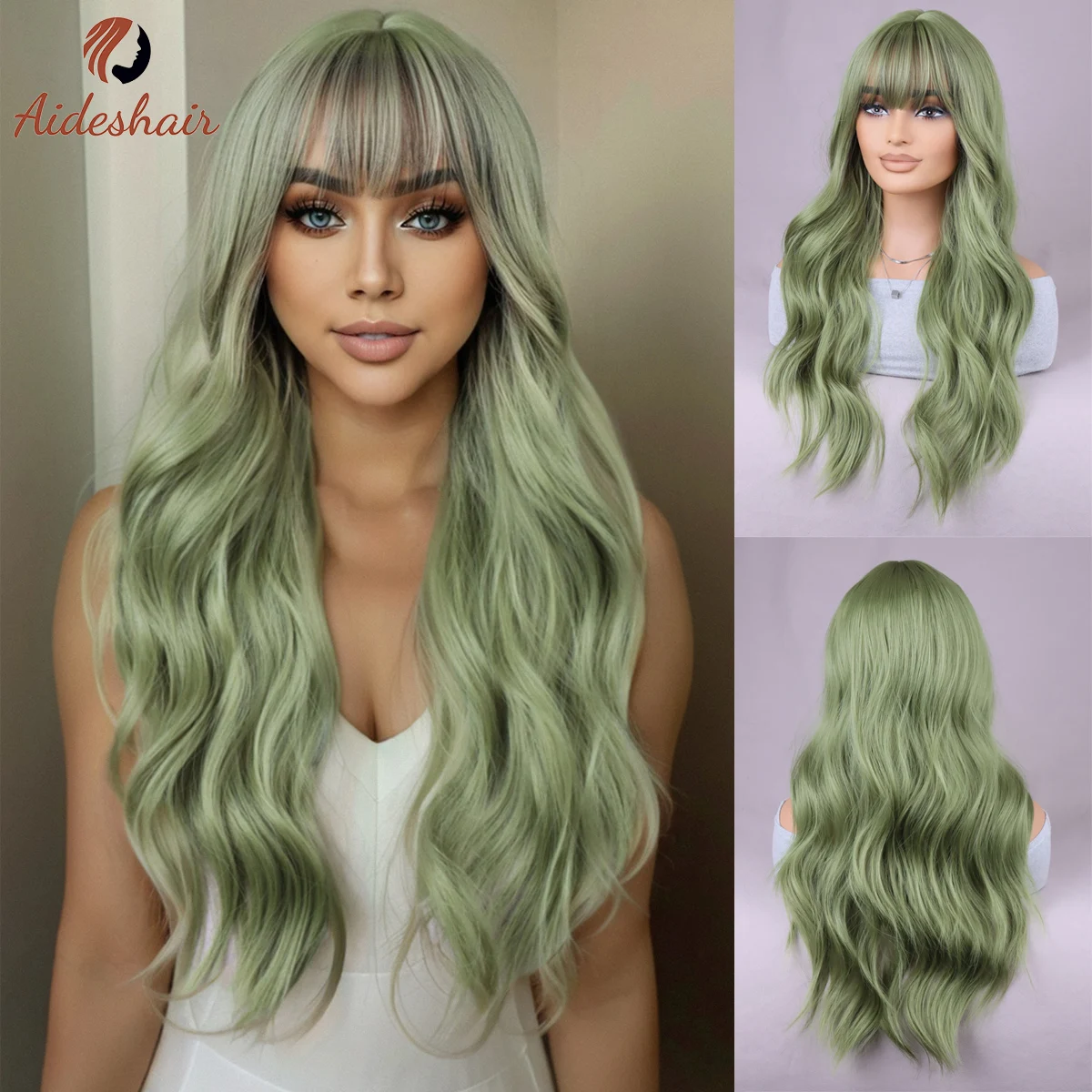 

Светло-зеленый волнистый вьющийся парик с плоской челкой Парик из натурального синтетического термостойкого волокна для повседневного косплея (26 дюймов)