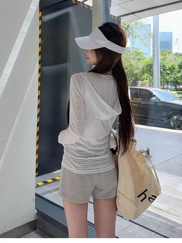 Deeptown Gray Striped Women Zipper Hoodies Long Sleeve Korean Fashion Pocket Hooded Sweatshirts Slim Lightweight Commute Autumn