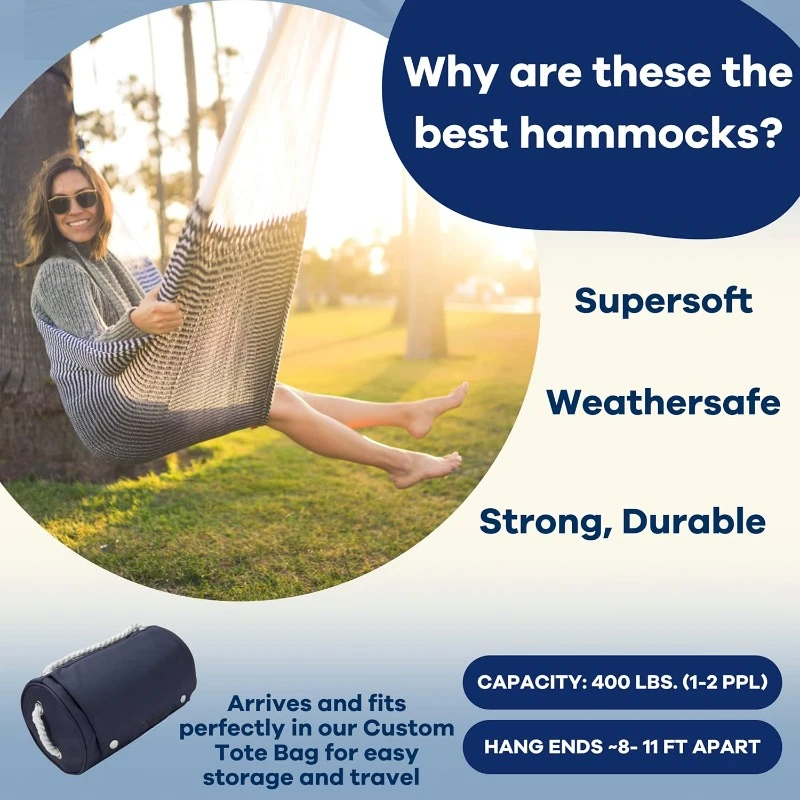 Handwoven Hammock - Double Size, Fits 1-2 PPL, 400lb max - Weathersafe, Super Strong, Easy to Hang, Ultra Soft, Artisan Made