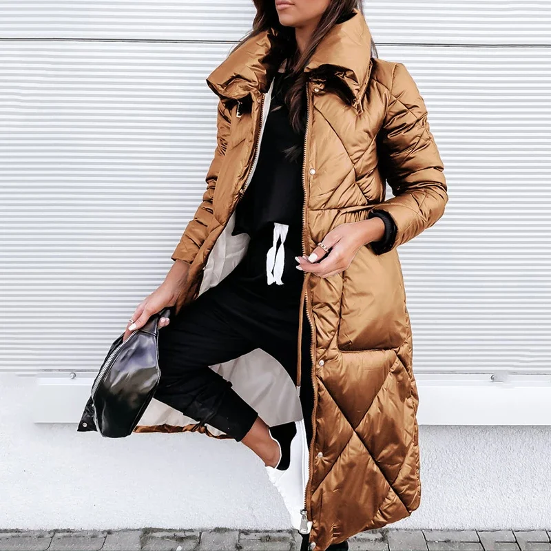 Fashion New Women Solid Color Thicken Warm Parkas Coats Winter Simple Stand Collar Long Sleeve Zipper Casual Slim Female Coats