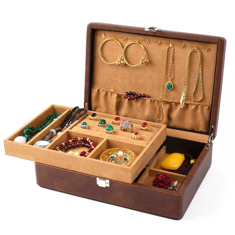 New multi-function large capacity metal clasp double-layer storage jewelry box, ring stud pendant set box, PU leather jewelry cl