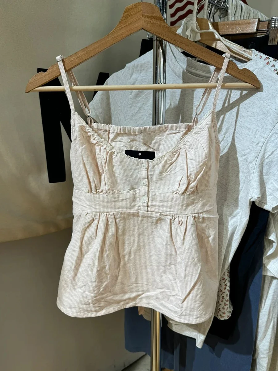 Pink Stripe Lace-up Slim Tank Tops Women Lace Trim Buttons V-neck Cotton Camisole Vintage Sweet Summer Sleeveless Crop Top Y2k