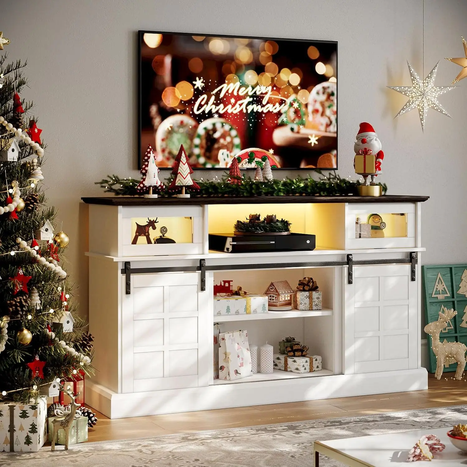 Soporte de Tv de granja con luz Led, soporte de Tv blanco para televisores 65 H, soportes de gabinete de Tv de centro de entretenimiento con cajones abatibles, deslizantes
