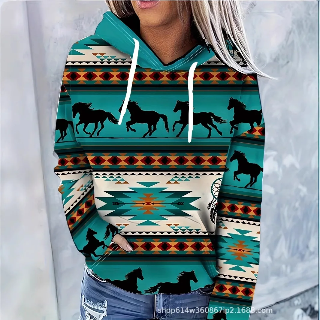 Geometric pattern horse 3D printed hooded sweatshirt, 3D printed drawstring casual women's sports hooded sweatshirt