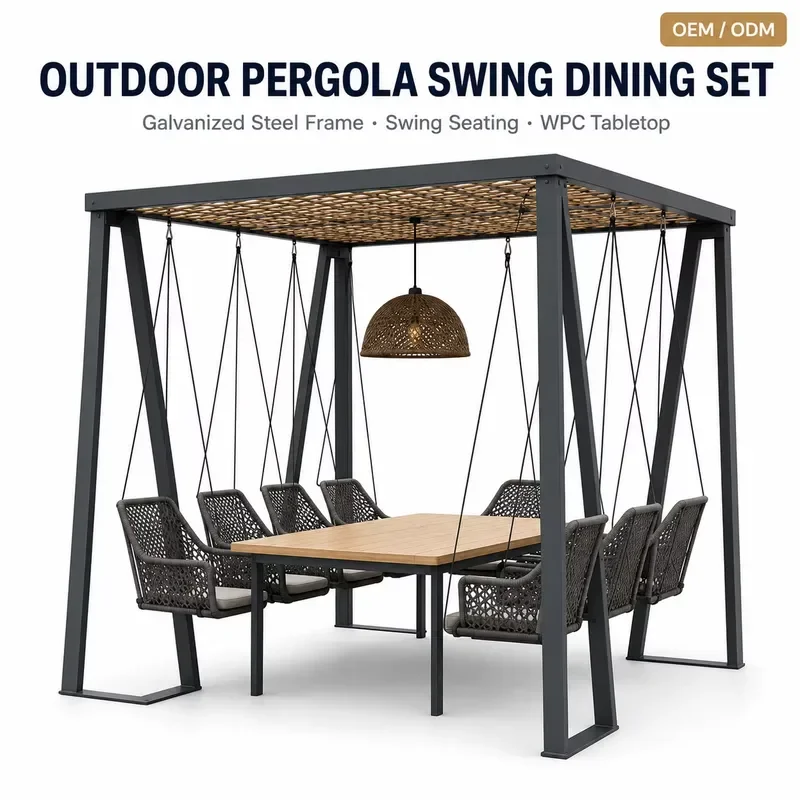 Galvanized Steel Outdoor Pergola Swing Dining Table and Chair Set with Canopy Garden Courtyard Furniture OEM ODM
