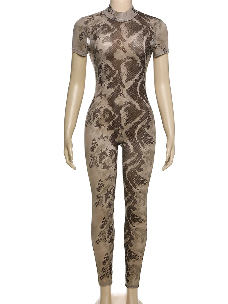 แปลก Puss Serpentine Jumpsuit ผู้หญิงดูผ่านแขนสั้นเซ็กซี่ Fit ฤดูร้อนออกกําลังกาย Overalls ยืดปุ่ม Clubwear