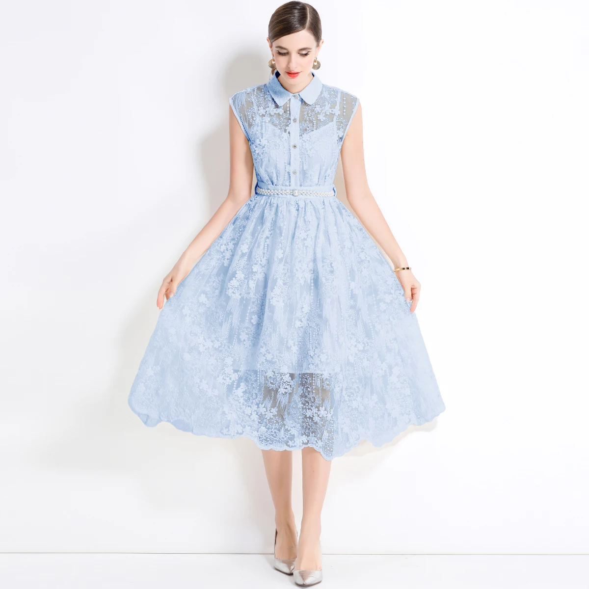 

Elegant Lace Long Dresses Women Summer Holiday Sleeveless Embroidery Fashion Retro Slim Evening Party Dresses Vestidos