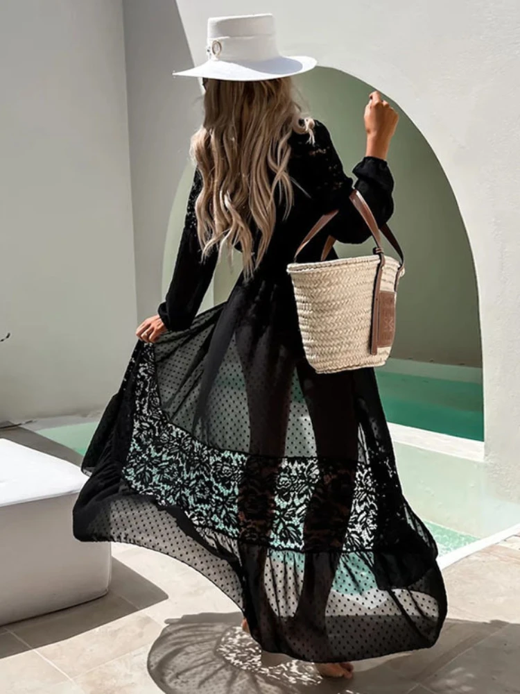 Beach Kimono Cover Ups for Swimwear Women Lace Patchwork White Black Chiffon Elegant Self Belted Wrap Dresses 2023 Bathing Suits