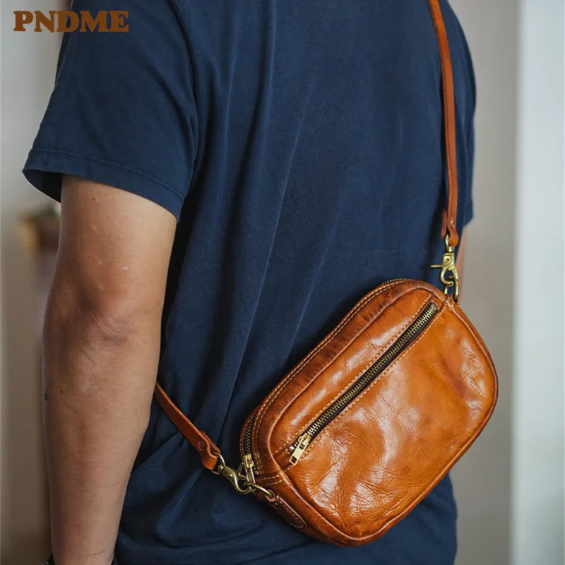 PNDME top quality genuine leather men's crossbody bag outdoor casual fashion vintage luxury cowhide leather brown shoulder bag