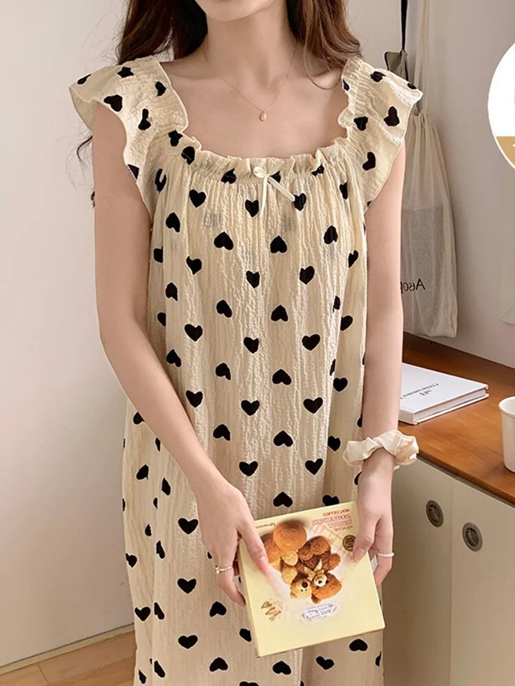 

Princ Sle Heart Print Cotton Sp Dr Женская летняя удобная дышащая ночная рубашка миди размера плюс