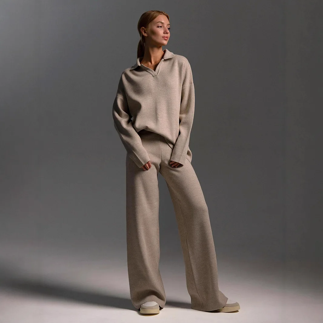 2025 Solid Color Lapel Sweater Set Knitted Sweater + Straight Wide-leg Pants Two-piece Set Turtleneck Europe and America