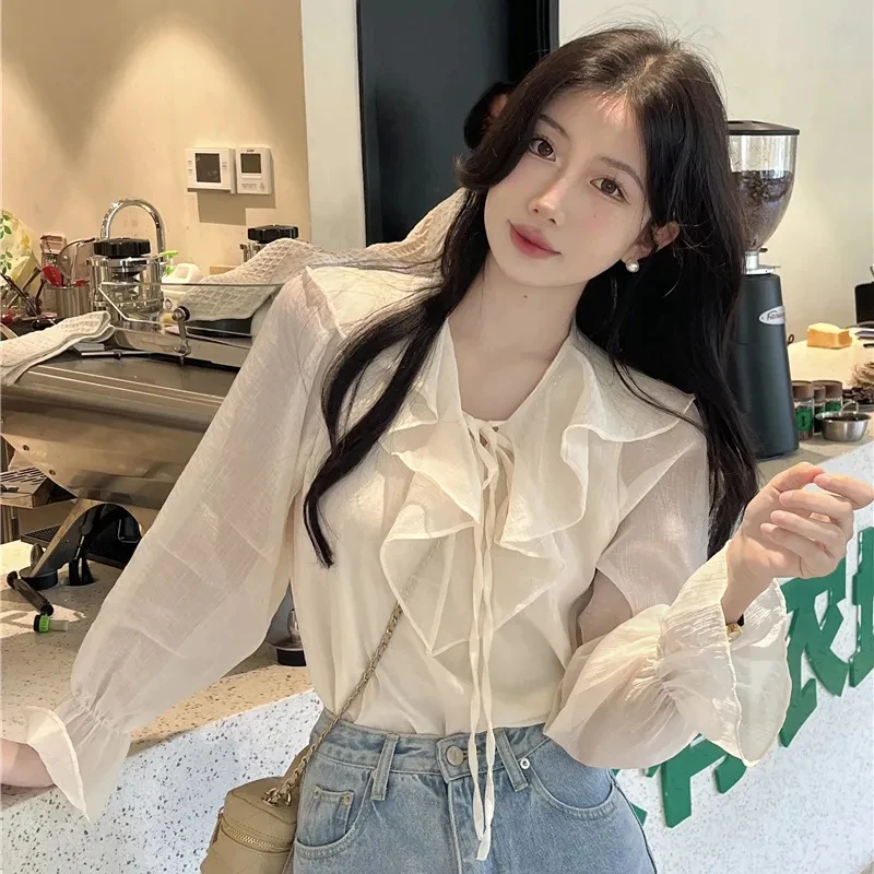 Women Shirt Korean Office Ladies Half Open Collar Pullover Blouse Summer Loose Sweet All Match Chic Solid Female Tops New