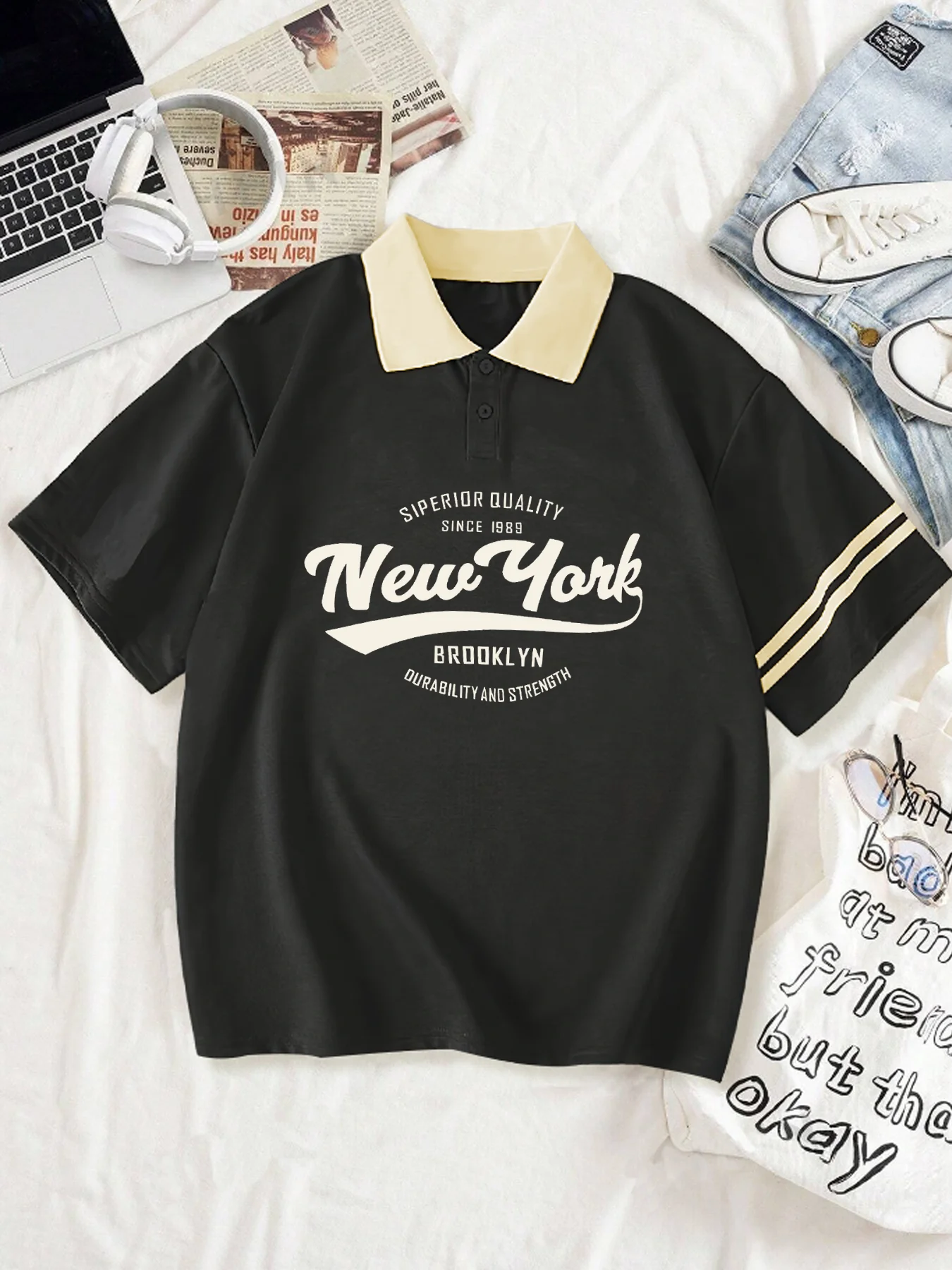 Polo da Golf Casual con grafica a lettera di New York, manica corta Versatile alla moda con strisce di colletto e manica, Streetwear