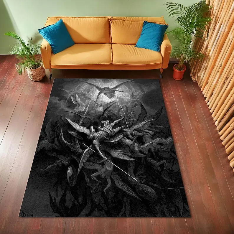 Gustave Doré Inspired Angel Battle Rug,Dramatic Black White Gothic Warrior Tapestry,Epic Fantasy Art Floor Mat for Library Study